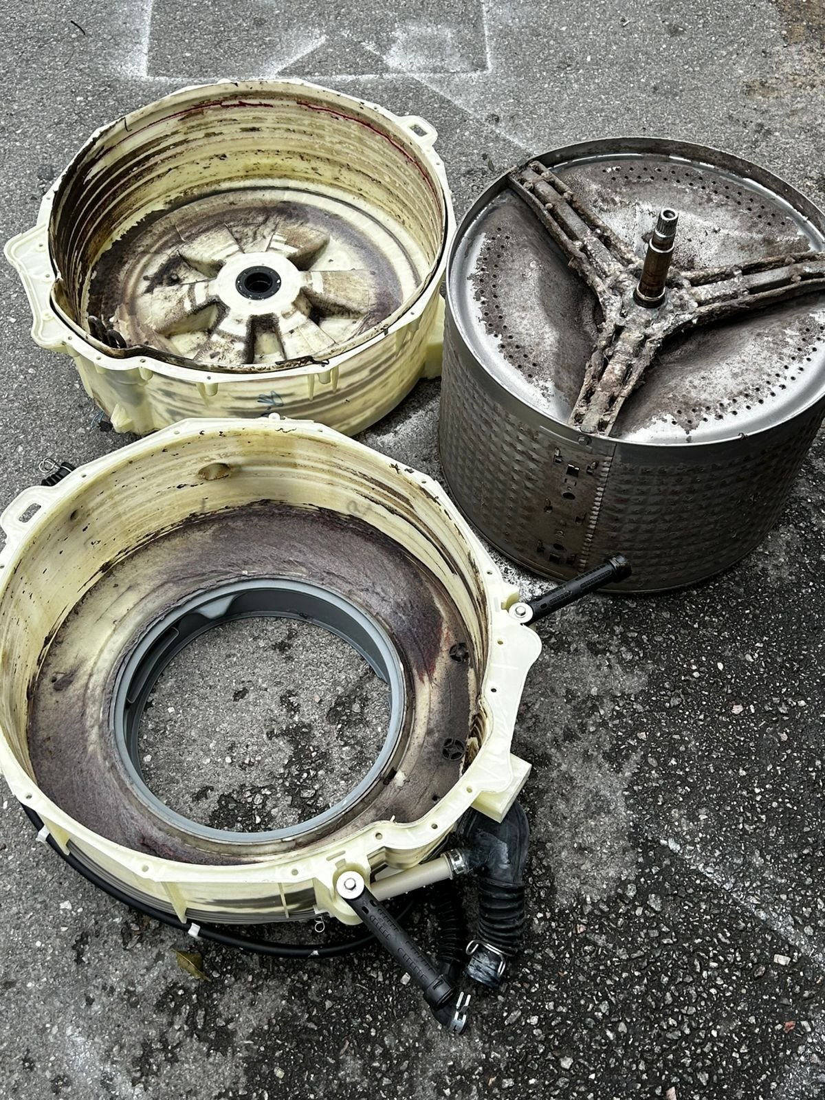 Cesto e tanque de lava e seca com resíduos antes da higienização técnica